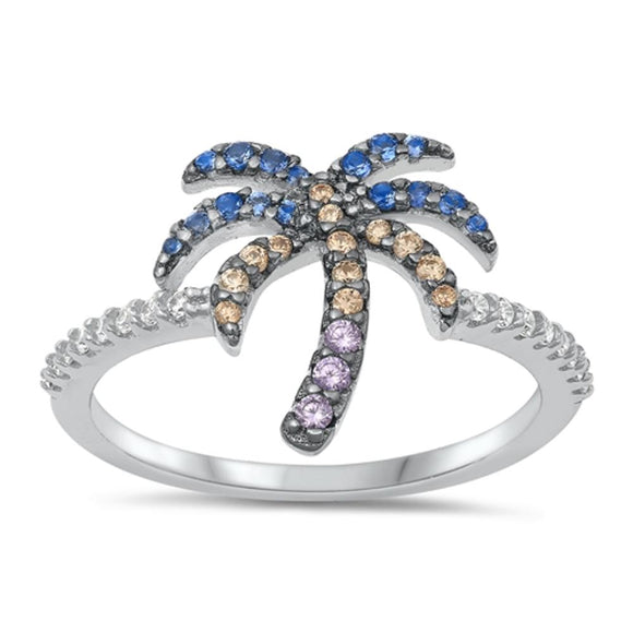 Sterling Silver Palm Tree Multicolor CZ Ring