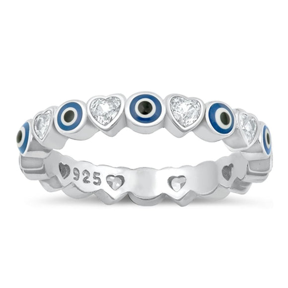 Sterling Silver Clear CZ Heart & Evil Eye Ring