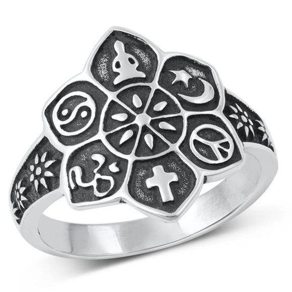 Sterling Silver Lotus Flower w/ Religious Symbols Ring