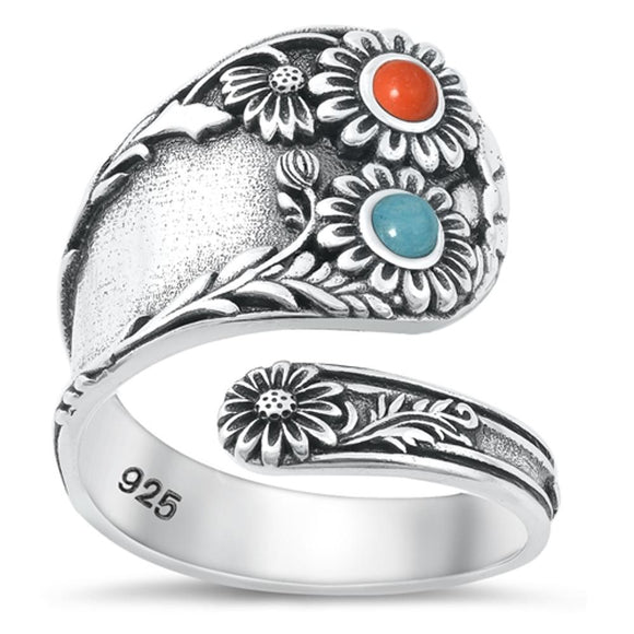 Sterling Silver Turquoise Flower Spoon Ring