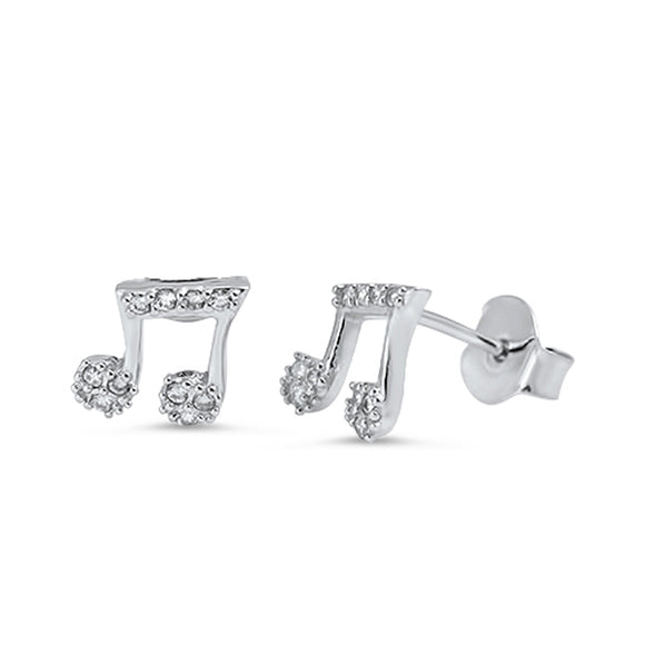 Sterling Silver Studded Music Note Simple Cute Choir Sing Earrings Clear CZ 925