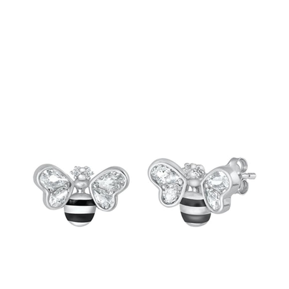 Sterling Silver CZ Bumble Bee Stud High Polished Earrings .925 New