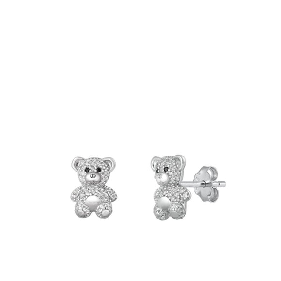 Sterling Silver Clear CZ Teddy Bear Stud High Polished Earrings .925 New