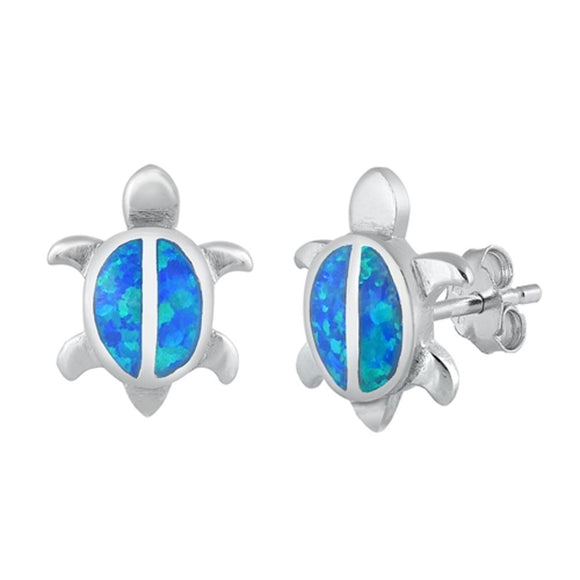 Sterling Silver Blue Lab Opal Sea Turtle Stud Beach Polished Earrings .925 New