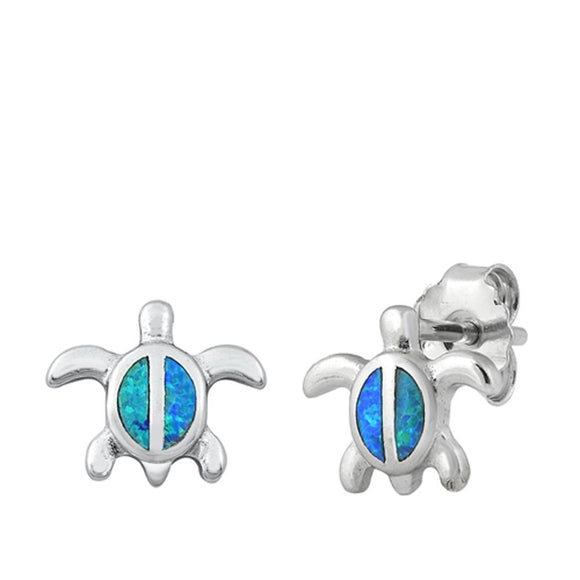 Sterling Silver Blue Lab Opal Sea Turtle Stud High Polished Earrings .925 New