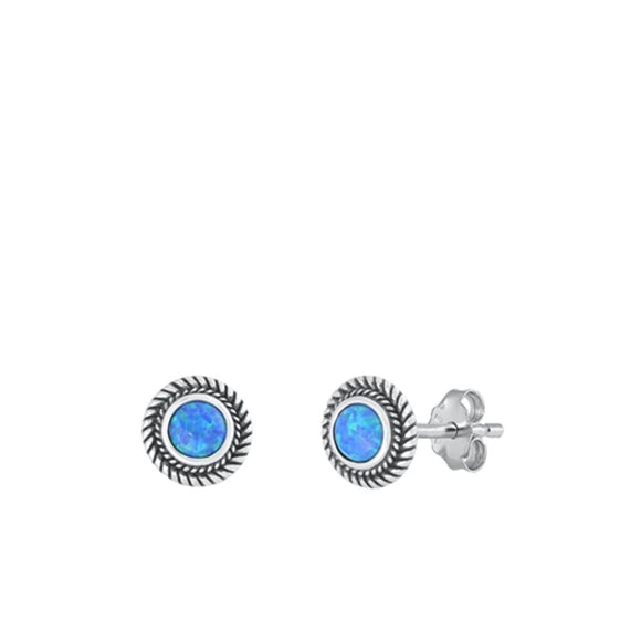 Sterling Silver Oxidized Blue Lab Opal Spiral Round Stud Earrings .925 New