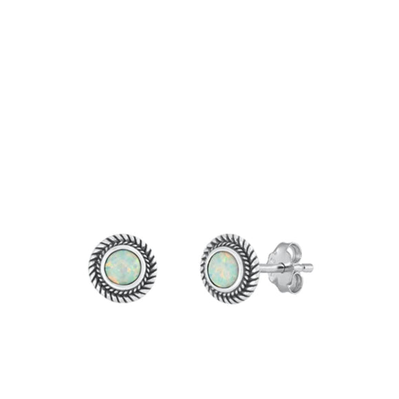 Sterling Silver Spiral Round White Lab Opal Bali Stud Polished Earrings .925 New