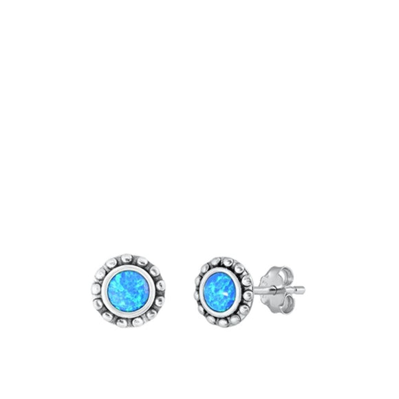 Sterling Silver Classic Blue Synthetic Opal Round Bali Style Earrings .925 New