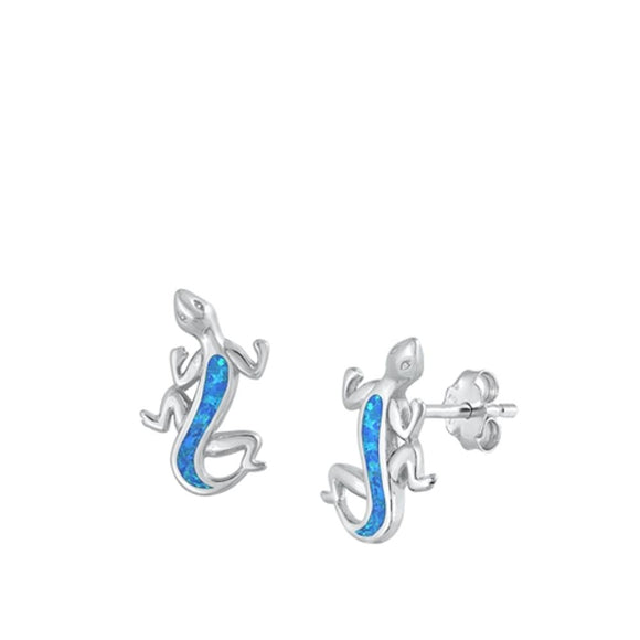 Sterling Silver Beautiful Polished Blue Synthetic Opal Lizard Earrings 925 New