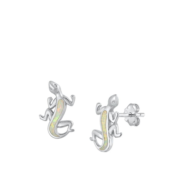 Sterling Silver High Polished White Synthetic Opal Lizard Earrings 925 New