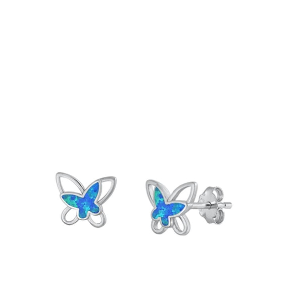 Sterling Silver Fashion Blue Synthetic Opal Butterfly Stud Earrings 925 New