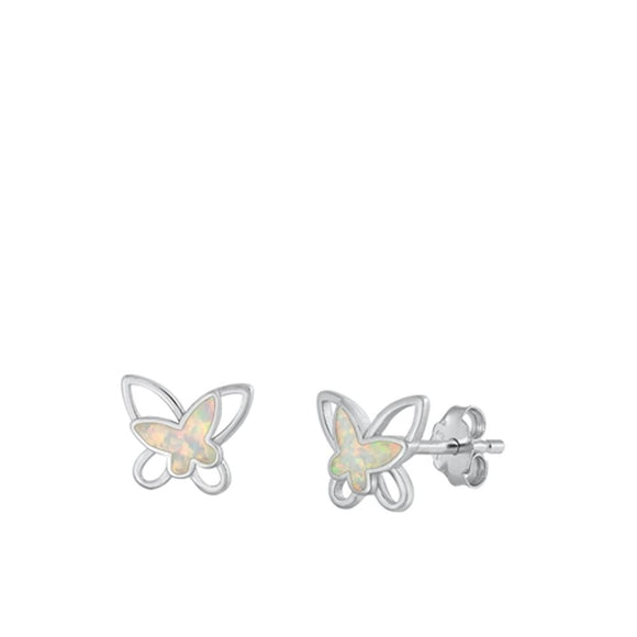 Sterling Silver Polished White Synthetic Opal Butterfly Stud Earrings 925 New
