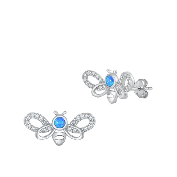 Sterling Silver Beautiful Blue Synthetic Opal Clear CZ Honey Bubble Bee Earrings