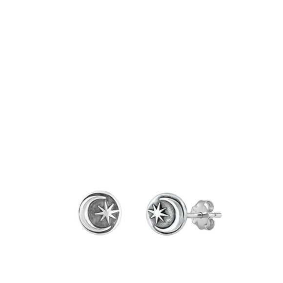 Sterling Silver High Polished Oxidized Star Moon Stud Earrings 925 New