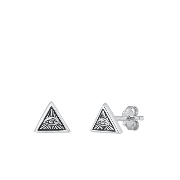 Sterling Silver Oxidized Triangle Eye Of Providence Stud Earrings .925 New