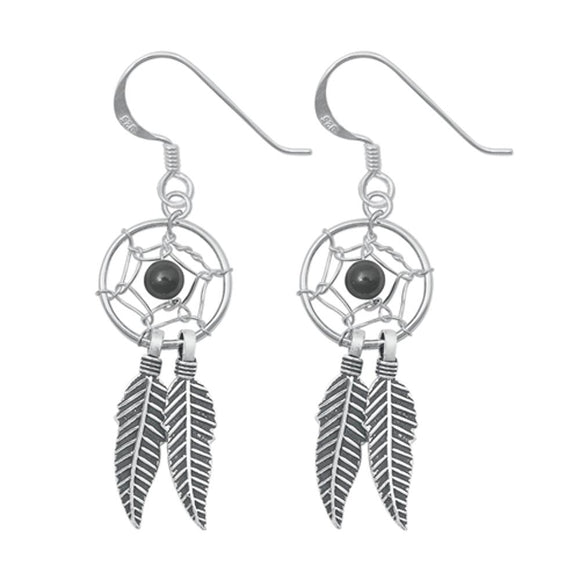 Sterling Silver Oxidized Dreamcatcher Hanging Feathers Hook Earrings .925 New
