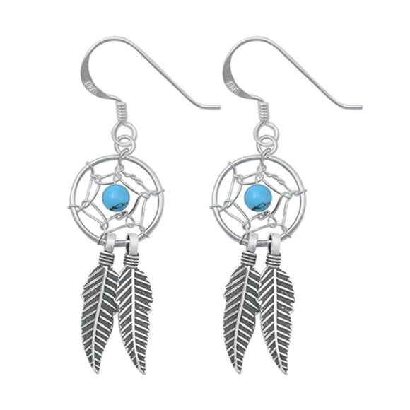 Sterling Silver Dreamcatcher Blue Stone Hanging Feathers Hook Earrings 925 New