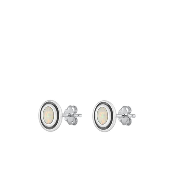 Sterling Silver Classic White Synthetic Opal High Polished Stud Earrings 925 New