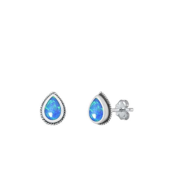 Sterling Silver Unique Blue Synthetic Opal Tear Drop Stud Earrings .925 New