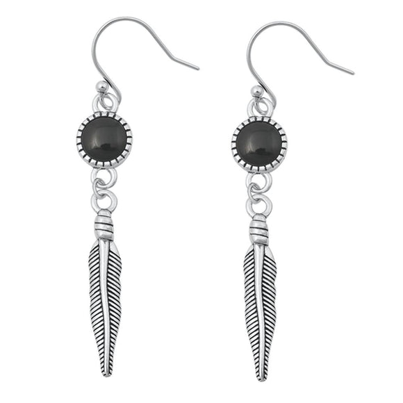 Sterling Silver Black Agate Feather Hanging Hook High Polished Earrings .925 New
