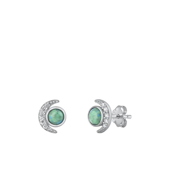 Sterling Silver Turquoise Cute Classy Clear CZ Moon Stud Earrings .925 New