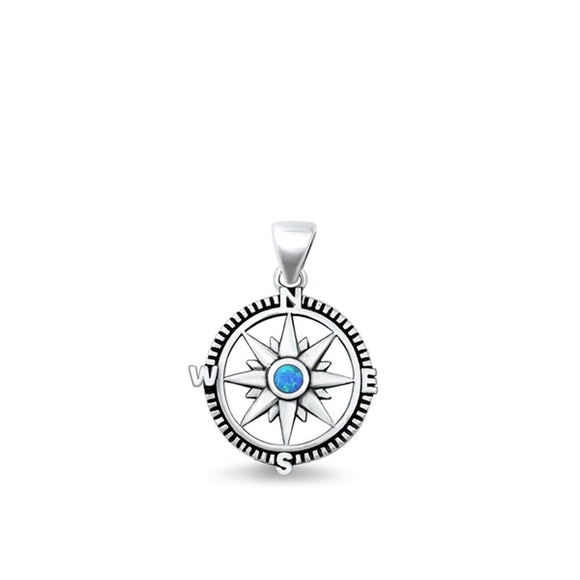Sterling Silver High Polished Blue Synthetic Opal Compass Pendant Charm 925 New