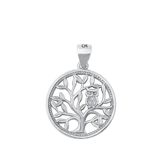 Sterling Silver Owl Tree Of Life Circle Pendant Clear CZ Fantasy Charm 925 New