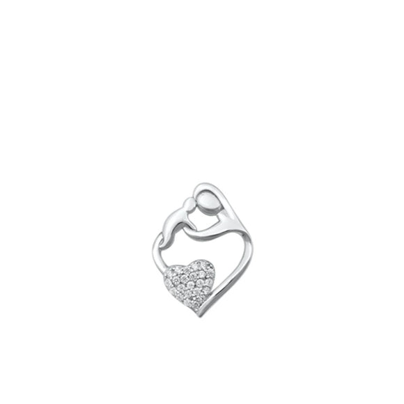 Sterling Silver Heart Clear CZ Mother & Baby Pendant Mother's Day Gift Charm