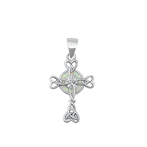Sterling Silver Polished Celtic Heart Cross White Synthetic Opal Pendant Charm