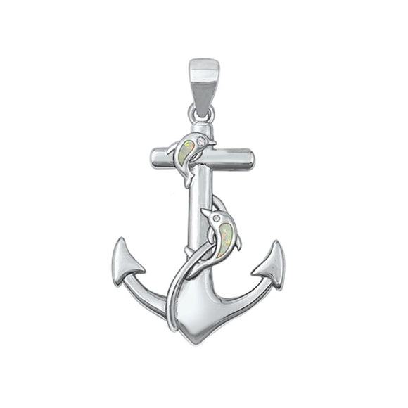 Sterling Silver Classic White Synthetic Opal Pendant Anchor Dolphin Charm 925