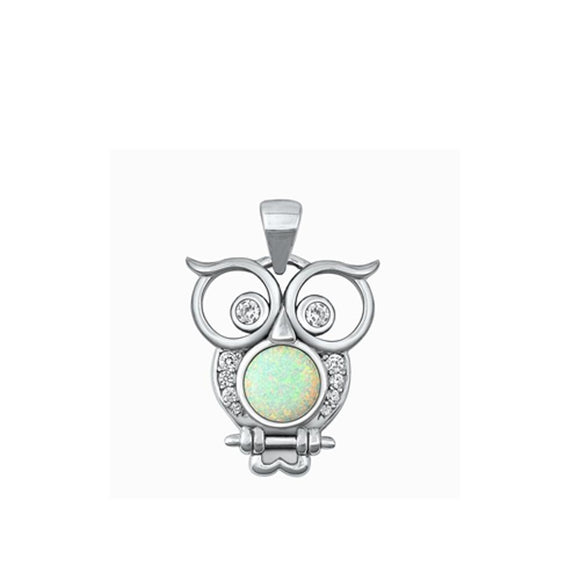 Sterling Silver Beautiful White Synthetic Opal Clear CZ Owl Pendant Bird Charm