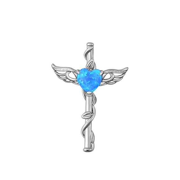 Sterling Silver Cute Heart Cross Angel Wing Blue Synthetic Opal Pendant Charm