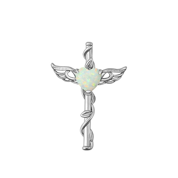 Sterling Silver Heart Cross Angel Wing White Synthetic Opal Pendant Cute Charm