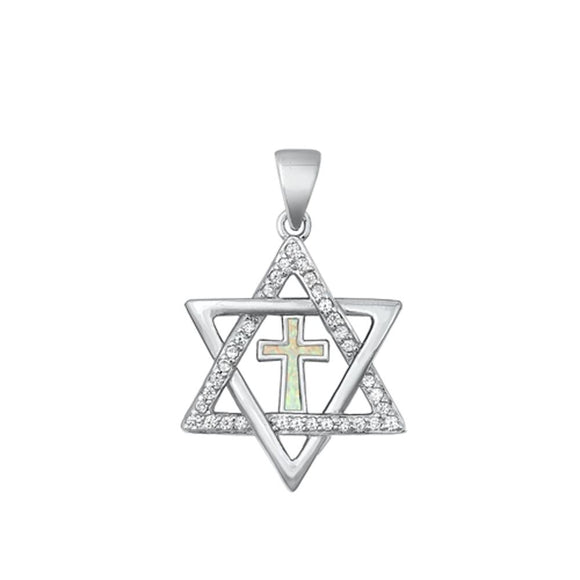 Sterling Silver Cute Messianic Cross White Synthetic Opal Clear CZ Pendant Charm