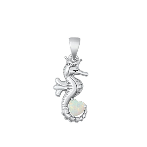 Sterling Silver Polished White Synthetic Opal Heart Pendant Seahorse Charm 925