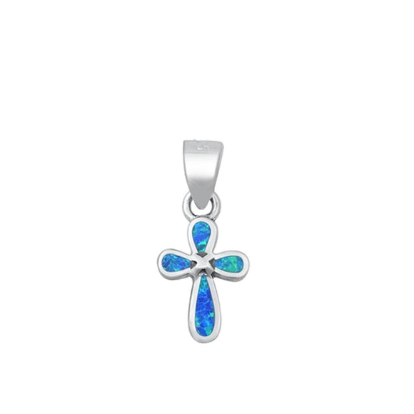 Sterling Silver Cute Blue Synthetic Opal Cross Pendant Christian Charm