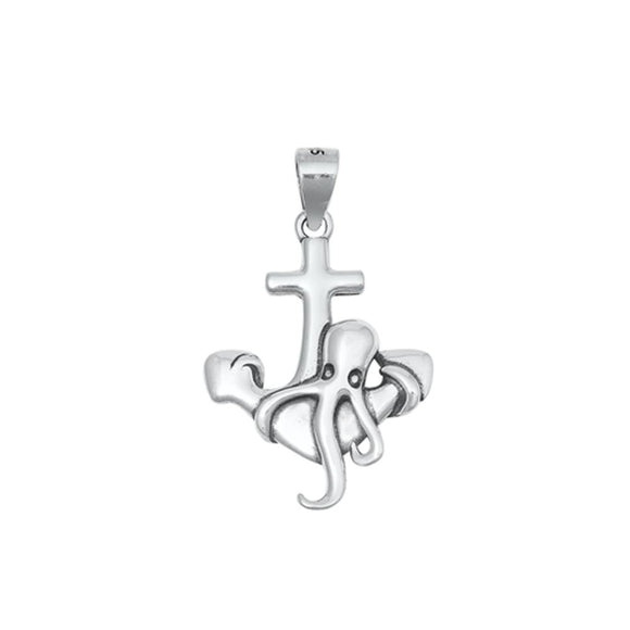Sterling Silver Oxidized Octopus On Anchor Cross Pendant .925 New Beach Charm