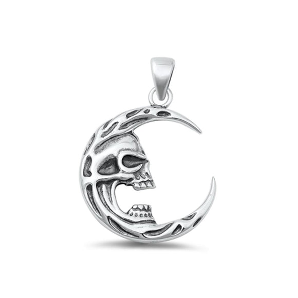 Sterling Silver High Polished Moon & Skull Pendant Oxidized Charm 925 New