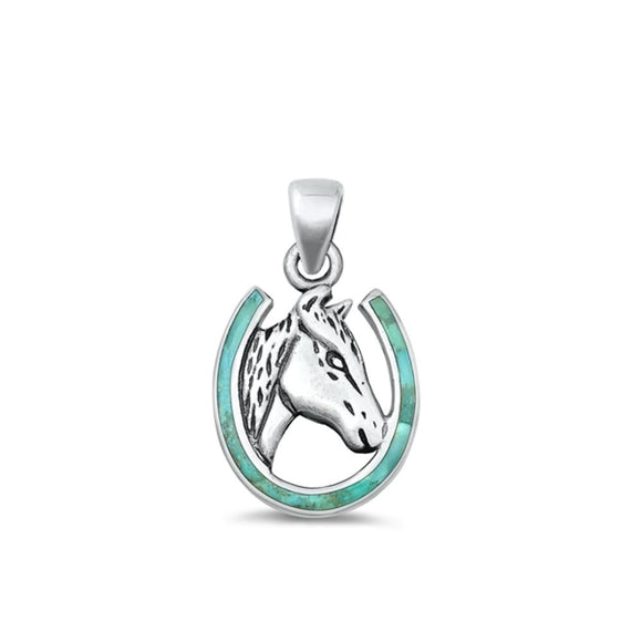 Sterling Silver Fashion Horse & Horseshoe Turquoise Pendant Charm 925 New