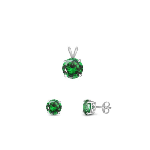Sterling Silver Cute Round Emerald CZ 4mm Earrings & 6mm Pendant Set 925 New