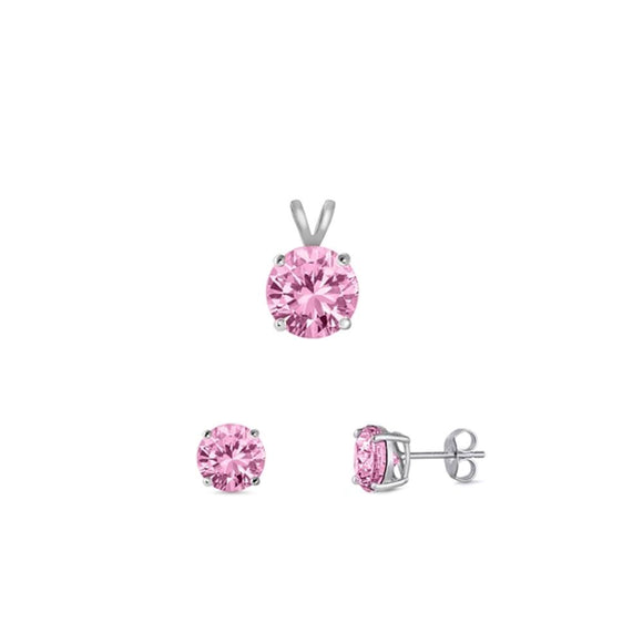Sterling Silver Classic Round Pink CZ 4mm Earrings & 6mm Pendant Set 925 New