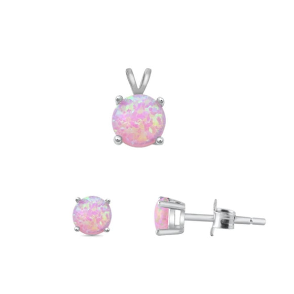 Sterling Silver Fashion Pink Synthetic Opal 4mm Earrings & 6mm Pendant .925 New