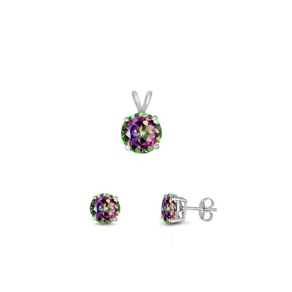 Sterling Silver Round Rainbow Topaz CZ 4mm Earrings & 6mm Pendant Set 925 New