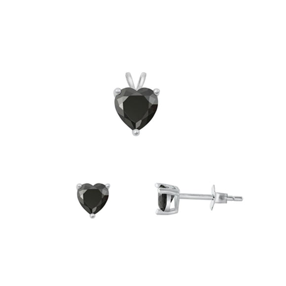 Sterling Silver Cute 4mm Black CZ Earrings & 6mm Heart Pendant Set 925 New