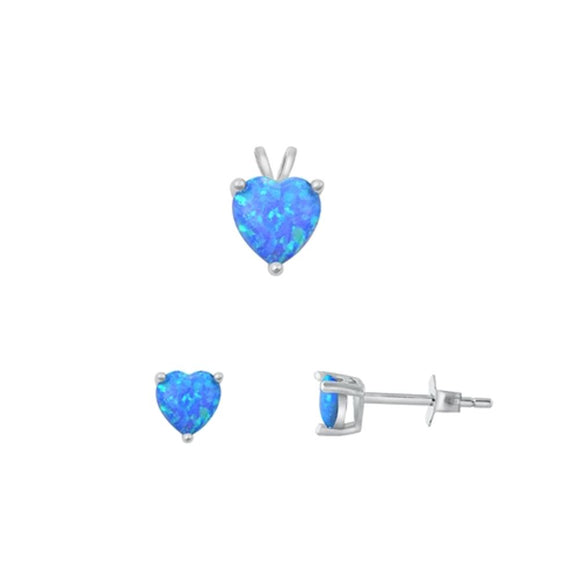 Sterling Silver 4mm Blue Synthetic Opal Earrings & 6mm Heart Pendant Set 925 New