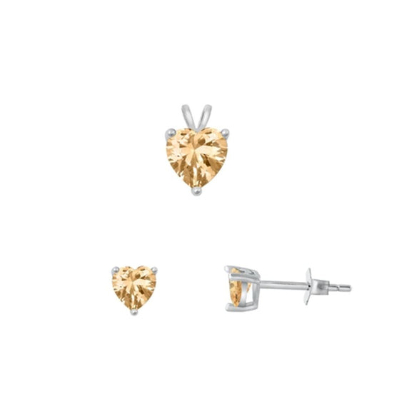 Sterling Silver Heart Champagne CZ 4mm Earrings & 6mm Pendant .925 New