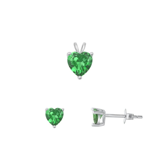 Sterling Silver Cute 4mm Emerald CZ Earrings & 6mm Heart Pendant Set 925 New