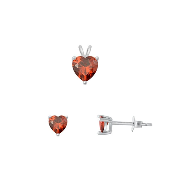 Sterling Silver Cute Heart Garnet CZ 4mm Earrings & 6mm Pendant .925 New