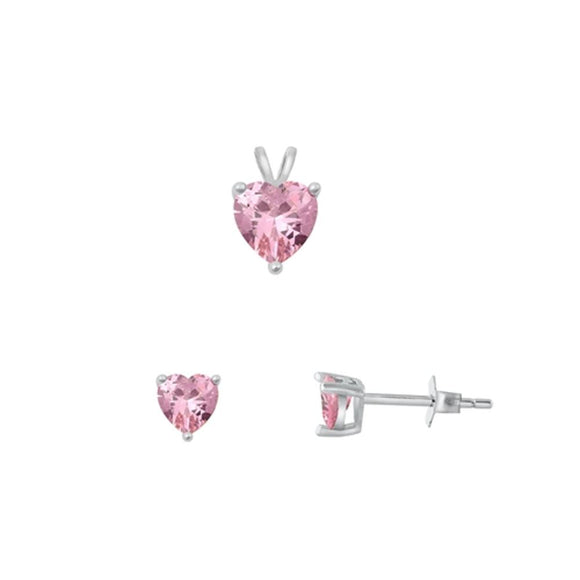 Sterling Silver Cute 4mm Pink CZ Heart Earrings & 6mm Pendant Set 925 New