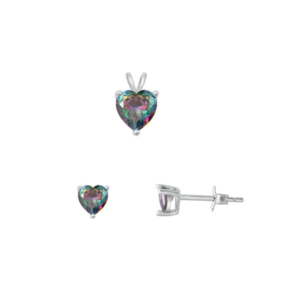 Sterling Silver Rainbow 4mm Topaz CZ Earrings & 6mm Heart Pendant Set 925 New
